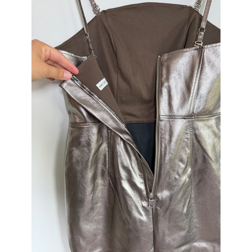 Avec Les Filles Metallic Faux Leather Midi Dress SilverBronze Square Neck Size 4 - Picture 9 of 11